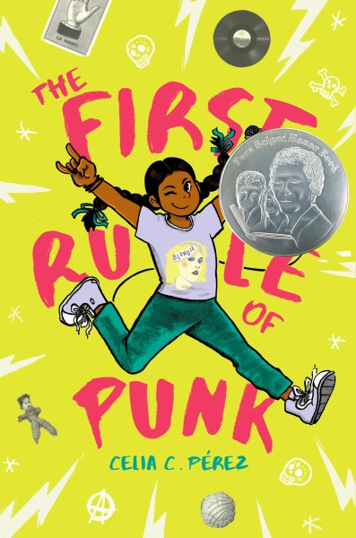 Image of girl with long braids, jeans and tshirt, leaping across yellow background-book cover