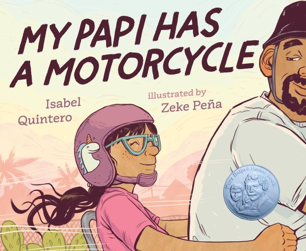 Image of father and daughter wearing helmets riding across landscape -book cover