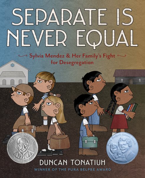 Image of children with book bags and books, some white in front of fancy newer-looking building, and some darker-skinned in front of simple building-book cover