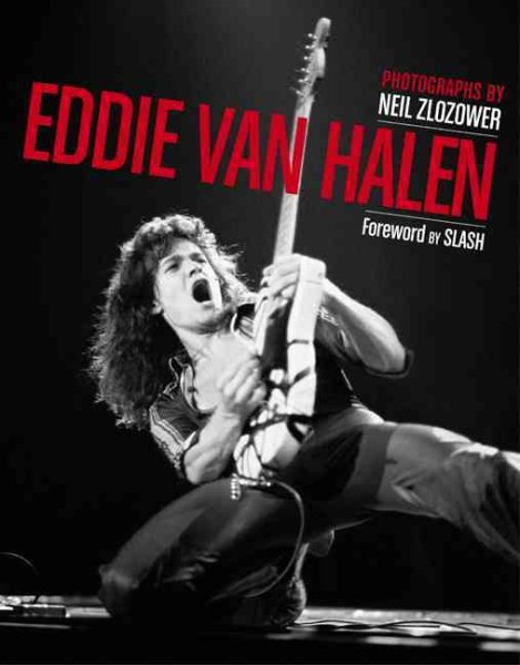 Black and white photograph of young Eddie Van Halen down on one knee, playing guitar, long hair, leather pants--book cover