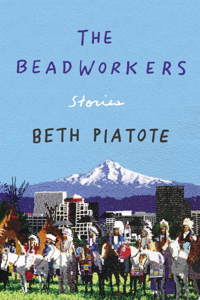 Image of mountain peak with snow in the background, a city in the middle ground, and a line of Native Americans in traditional clothing and headdresses on horseback in foreground --book cover image